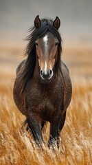 Fototapeta premium Majestic horse running through golden grass under a cloudy sky in a serene open field