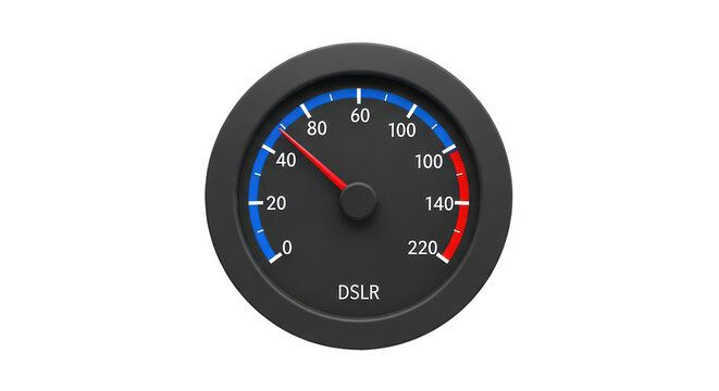 Close up of a vintage car dashboard speedometer gauge with a red needle indicating speed on a black dial isolated on transparent background