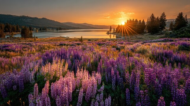 Lupine field sunset lake mountain landscape - Powered by Adobe