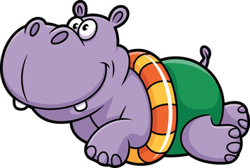 Cartoon hippo with swim ring and green shorts, cheerful animal illustration for children's content, summer themes, vector design, fun character