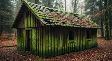 Naklejka premium An old mosscovered wooden cabin in a dense forest