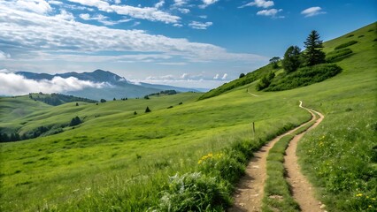 Fototapeta premium Idyllic Green Rolling Hills with a Winding Path and Distant Mountains Under a Clear Blue Sky Landscape Photography