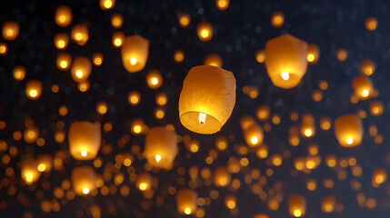 A stunning night scene filled with floating lanterns illuminating the sky, creating a serene and magical atmosphere.
