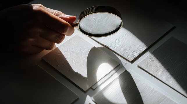 Product selection stress concepts. A hand holding a magnifying glass over textured surfaces, creating intriguing shadows. - Powered by Adobe