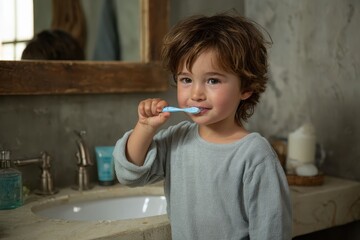 Playful boy enjoys brushing his father's teeth in a cozy bathroom filled with natural light during morning routine