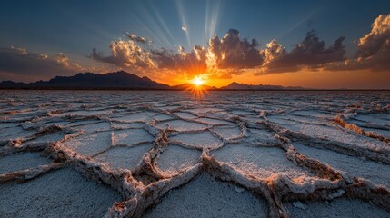 Sunset over cracked salt flat dramatic sky mountain range