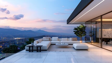 Fototapeta premium A luxurious rooftop terrace with white modern furniture, city skyline view, and soft sunset lighting in a contemporary design