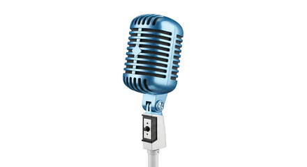 Vintage retro style metallic blue microphone with a white cable isolated on transparent background for music performance or podcasting