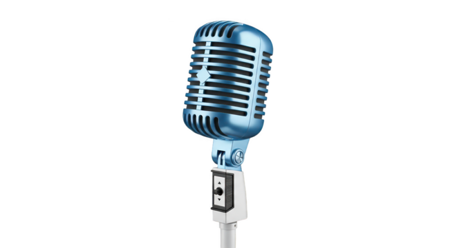 Vintage retro style metallic blue microphone with a white cable isolated on transparent background for music performance or podcasting