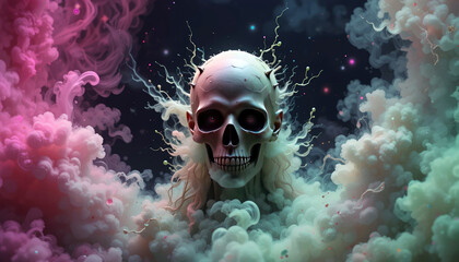 Ethereal Skull in a Vibrant Cloud-Filled Cosmos.