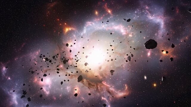 Cosmic asteroid field floating through colorful nebula with bright stellar explosion and space debris in deep space galaxy