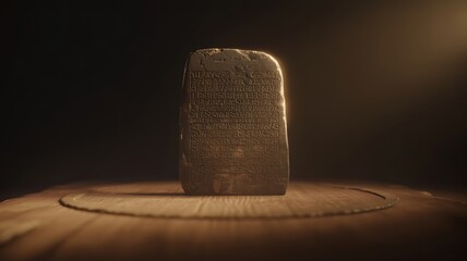 Ancient stone tablet with cuneiform script on wooden surface
