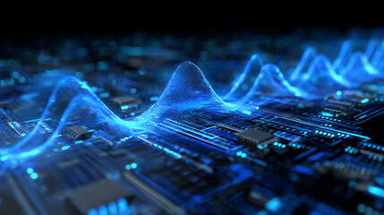 A vibrant display of sound waves visualized over a digital circuit board, showcasing modern technology and innovation.