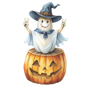 happy ghost in witch hat on pumpkin clip art preview