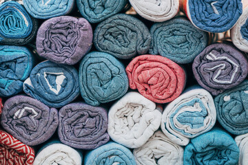 Wrapped tablecloth linen on street market