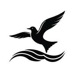 Obraz premium Elegant silhouette of a seagull soaring gracefully above dynamic ocean waves at sunset