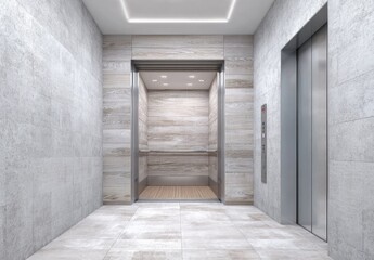 Modern elevator lobby with wood-like paneling