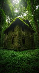 An abandoned house overgrown with moss and vines in a forest