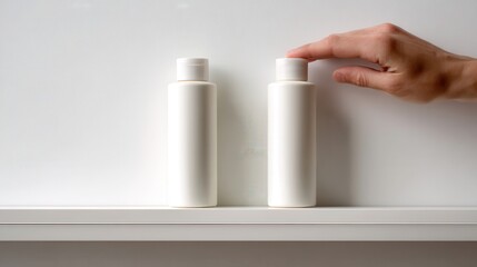 Product selection stress concepts. Minimalist hand reaching for two identical white bottles on a shelf.
