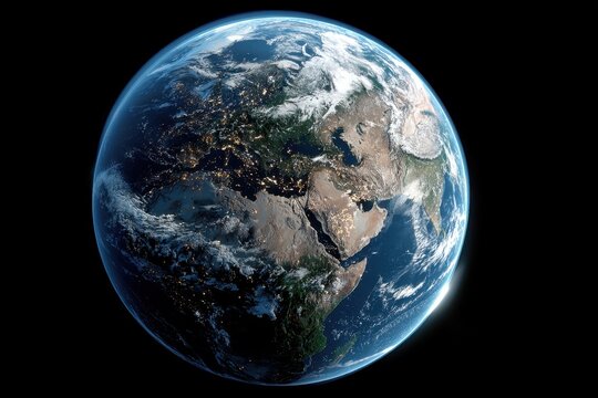 Captivating view of planet Earth showcasing vibrant continents and twinkling city lights at night, highlighting the beauty of our planet from a distance