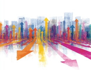 Blurred city skyline with colorful arrows pointing up and forward, suggesting growth and direction against a white background
