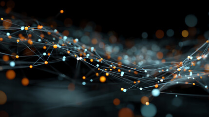 Abstract digital network with glowing lines and nodes forming a dynamic wave, representing data flow and connectivity in technology.