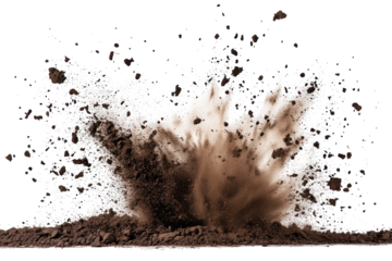 Brown dirt explosion with particles flying upwards isolated on transparent background. Explosive soil dirt eruption with debris flying in mid air isolated on white background.