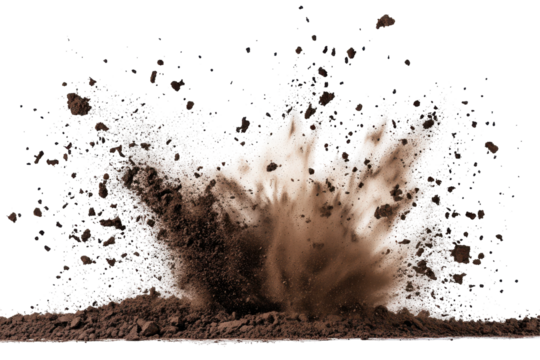 Brown dirt explosion with particles flying upwards isolated on transparent background. Explosive soil dirt eruption with debris flying in mid air isolated on white background.