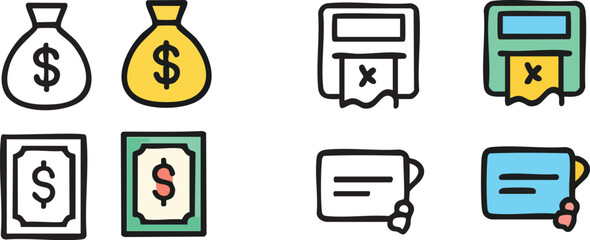 Collection of handdrawn financial icons in a cute doodle style.