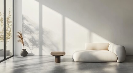 Modern minimalist living room, sunlight, neutral tones