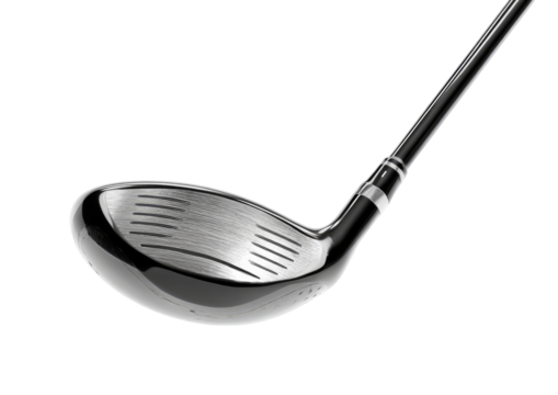 Close-up of golf club head and shaft.  Metal golf club head shows textured grooves.  Dark shaft extends diagonally.  Focus on club components