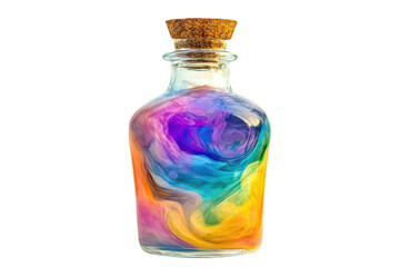 Colorful swirling liquid in a corked glass bottle isolated on transparent background. Fantasy potion in a glass bottle swirling with colors of the rainbow isolated on white background.