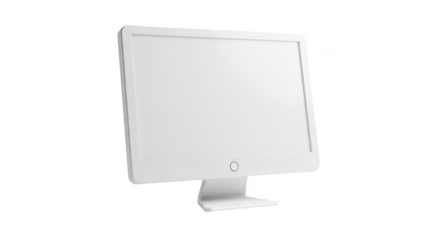Modern white computer monitor with a sleek stand displaying a blank white screen isolated on transparent background