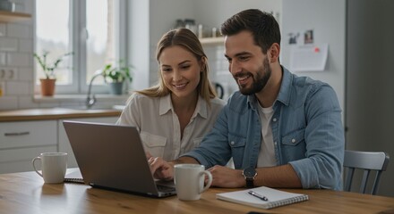 Obraz premium Couple working on laptop in kitchen