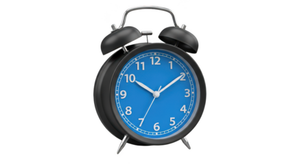 Classic twin bell alarm clock with bright blue dial and white hands showing time isolated on transparent background