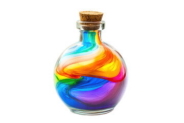Colorful swirling liquid in a corked glass bottle isolated on transparent background. Fantasy potion in a glass bottle swirling with colors of the rainbow isolated on white background.
