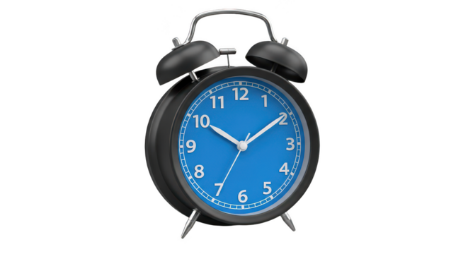 Classic twin bell alarm clock with bright blue dial and white hands showing time isolated on transparent background