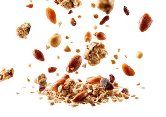 Mixed granola pieces and nuts in mid-air, falling onto a bed of granola