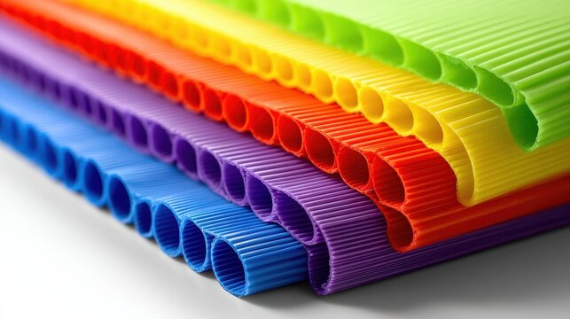 Colorful corrugated plastic sheets are stacked in a row. Great for backgrounds, arts, crafts, or design needs.