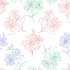 Fototapeta premium Delicate pastel floral pattern featuring sketched flowers and foliage arranged on a white background.