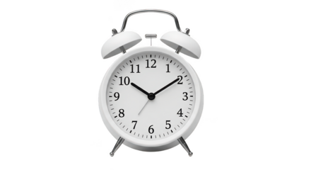 Classic retro white twin bell alarm clock with metal handle and legs isolated on transparent background