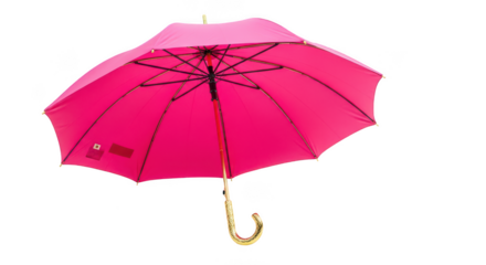 A vibrant pink umbrella with a curved wooden handle is shown open and isolated on a transparent background for easy design use isolated on transparent background