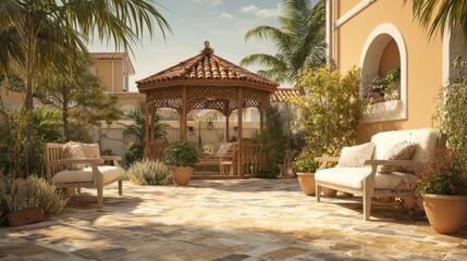 Fototapeta premium Back Yard Palm Trees. Terrace with Outdoor Furniture and Shade Gazebo in Exotic Garden Setting
