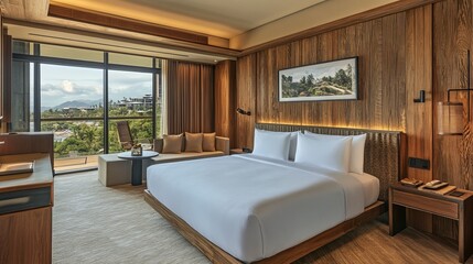 Fototapeta premium Luxurious hotel room with a large bed, sofa, scenic window view and wooden elements
