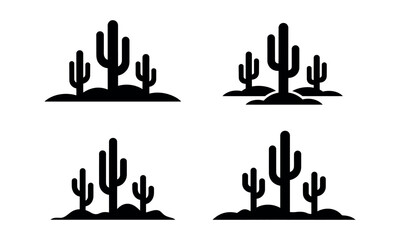 Cactus plant in desert landscape black icon illustrations set
