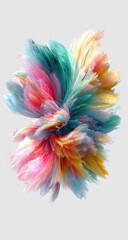 Abstract explosion of vivid colors. Swirling paint-like textures blend pink, teal, yellow, and white against a plain background, creating a dynamic and eye-catching display