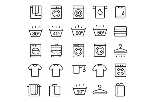 Laundry Symbols and Washing Instructions Icon Set for Garment Care and Fabric Cleaning Simple Line Art Style White Background