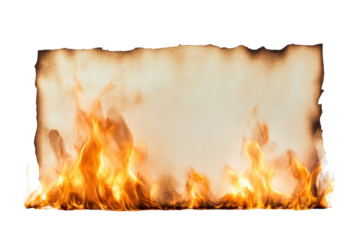 Old paper burning with flames isolated on transparent background. Flame border with a blank white paper center for custom text or captions isolated on white background.