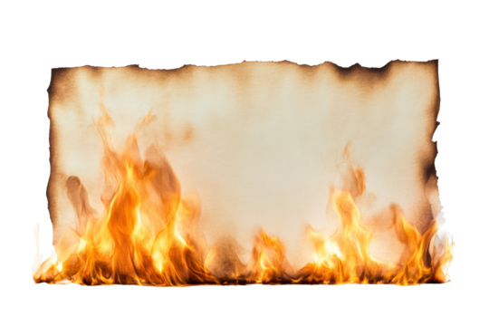 Old paper burning with flames isolated on transparent background. Flame border with a blank white paper center for custom text or captions isolated on white background.