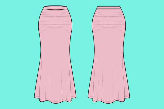 Ladies Long Elegant Fishtail Skirt Fashion Flat Sketch Vector Illustration CAD Mockup.